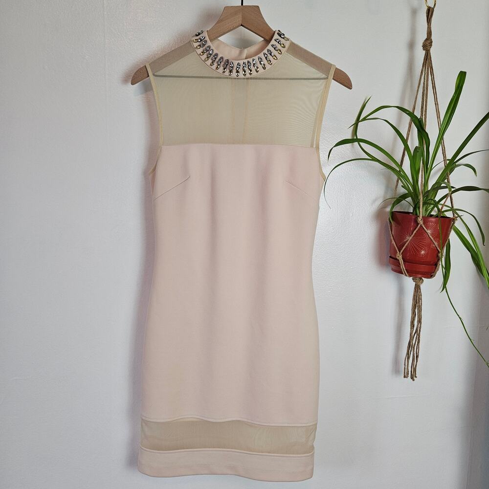 Sheike Jeweled Neck Sheath Dress 10 Ivory Beige Mesh Panels Sleeveless‎